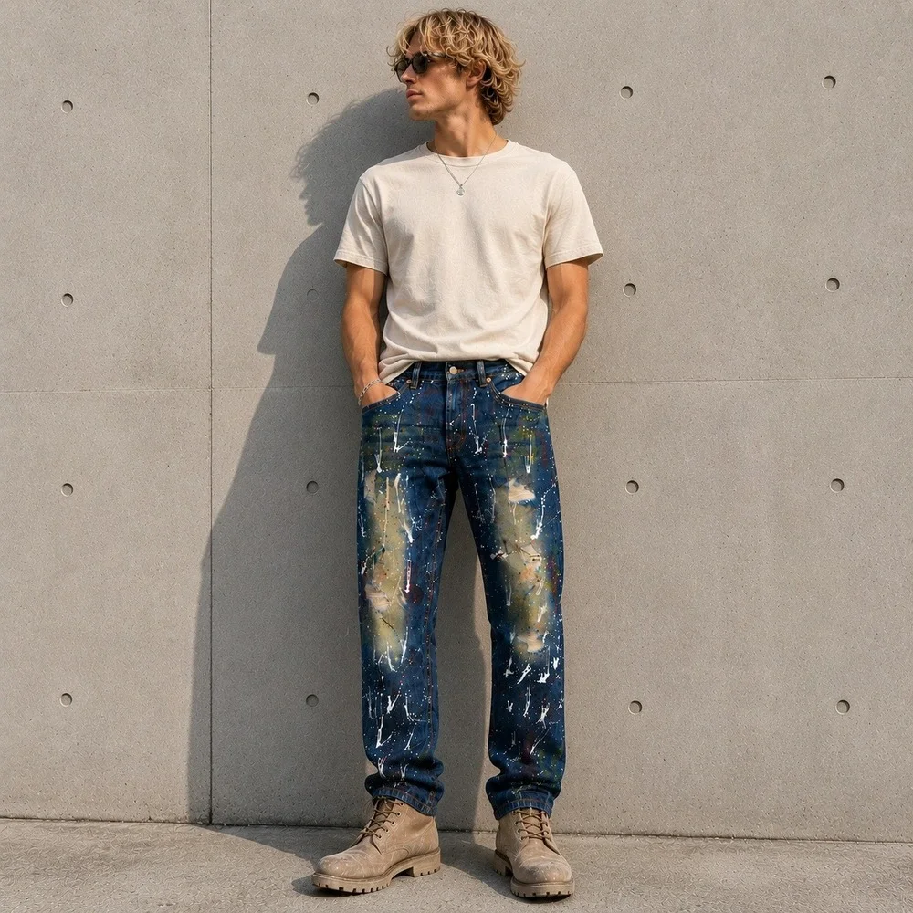 Urban Color Jeans Paint Splatter Distressed‎ Blue Denim Streetwear 36x32